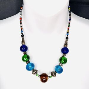 Vintage Colorful Art Glass Necklace Silver  Blue Green Red Amber Tone 4365